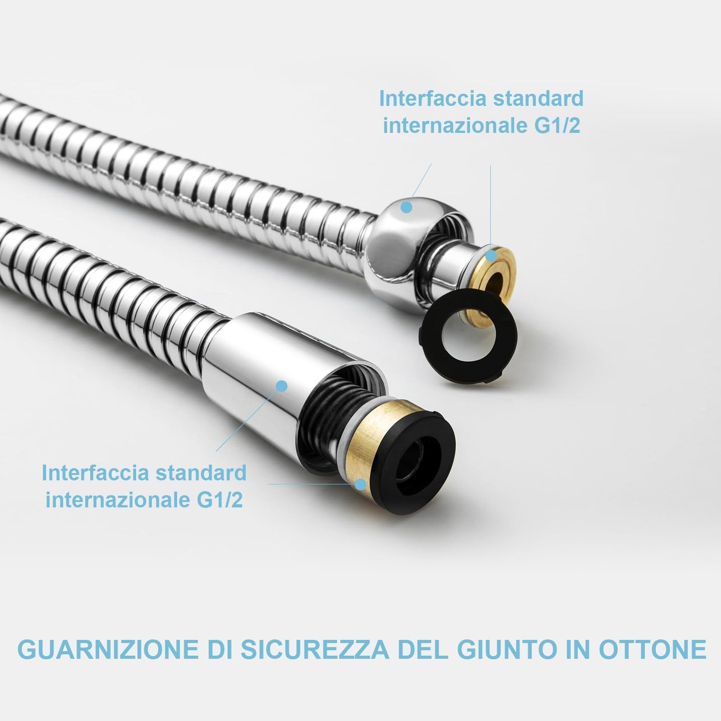 OFFO Tubo Doccia 2.5 Metri, Con protezione Antitorsione,Flessibile Doccia in Acciaio Inox, Tubo Doccia di Ricambio ad Alta pressione, per Rubinetteria Bagno,Argento Brillante