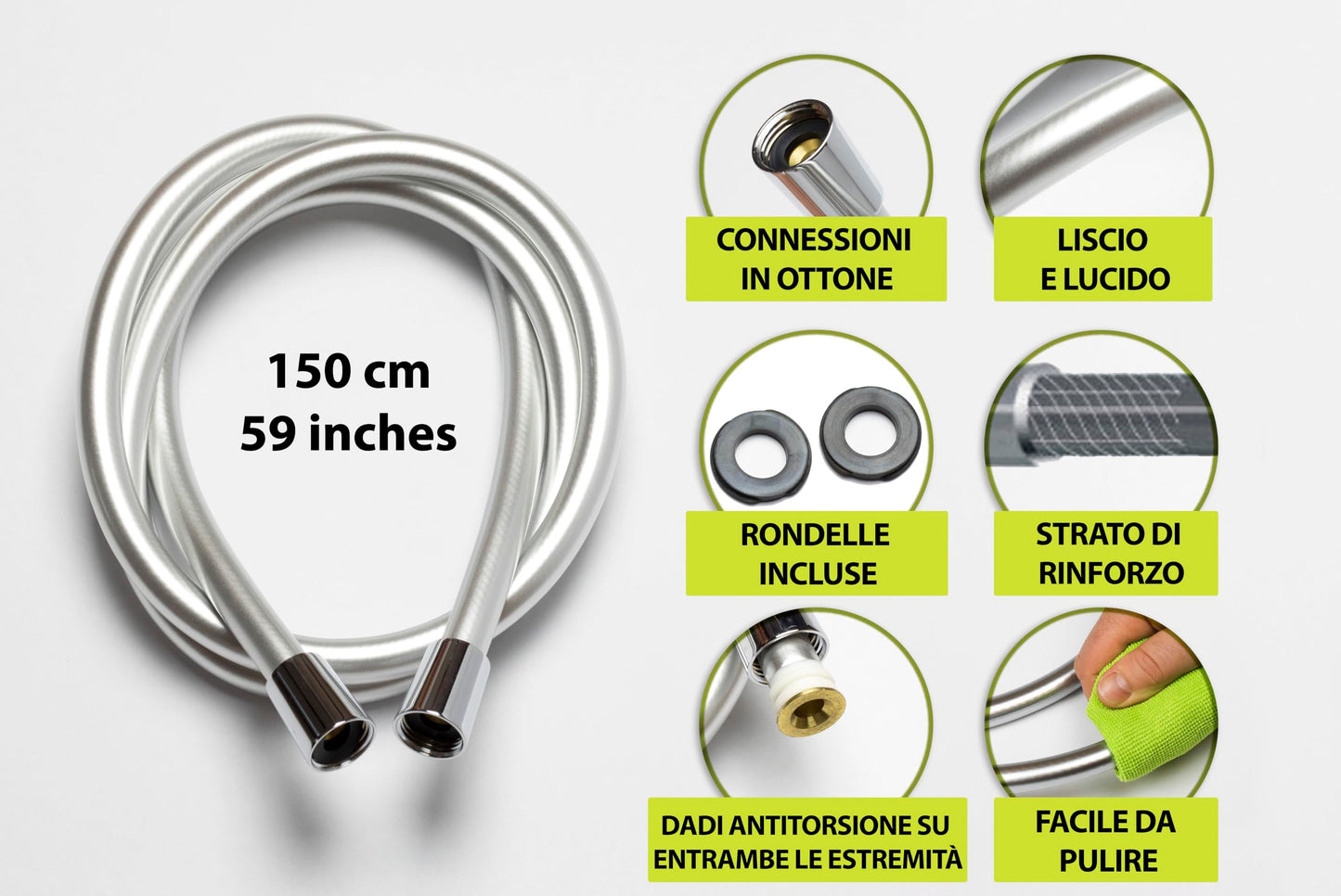 Yossee 1.5m Tubo Doccia Flessibile Argento PVC Di Ricambio Universale, Antipiega E A Prova Di Perdite E Resistente Ad Alta Temperatura Connettore In Ottone