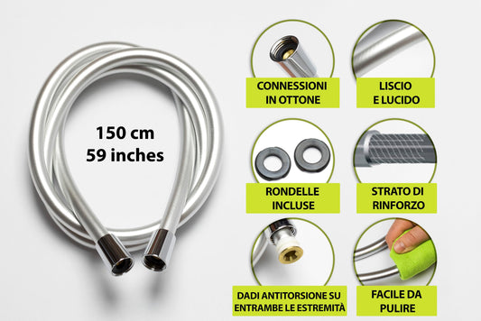 Yossee 1.5m Tubo Doccia Flessibile Argento PVC Di Ricambio Universale, Antipiega E A Prova Di Perdite E Resistente Ad Alta Temperatura Connettore In Ottone