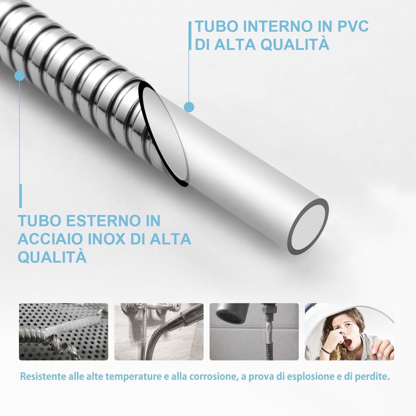 OFFO Tubo Doccia 2.5 Metri, Con protezione Antitorsione,Flessibile Doccia in Acciaio Inox, Tubo Doccia di Ricambio ad Alta pressione, per Rubinetteria Bagno,Argento Brillante
