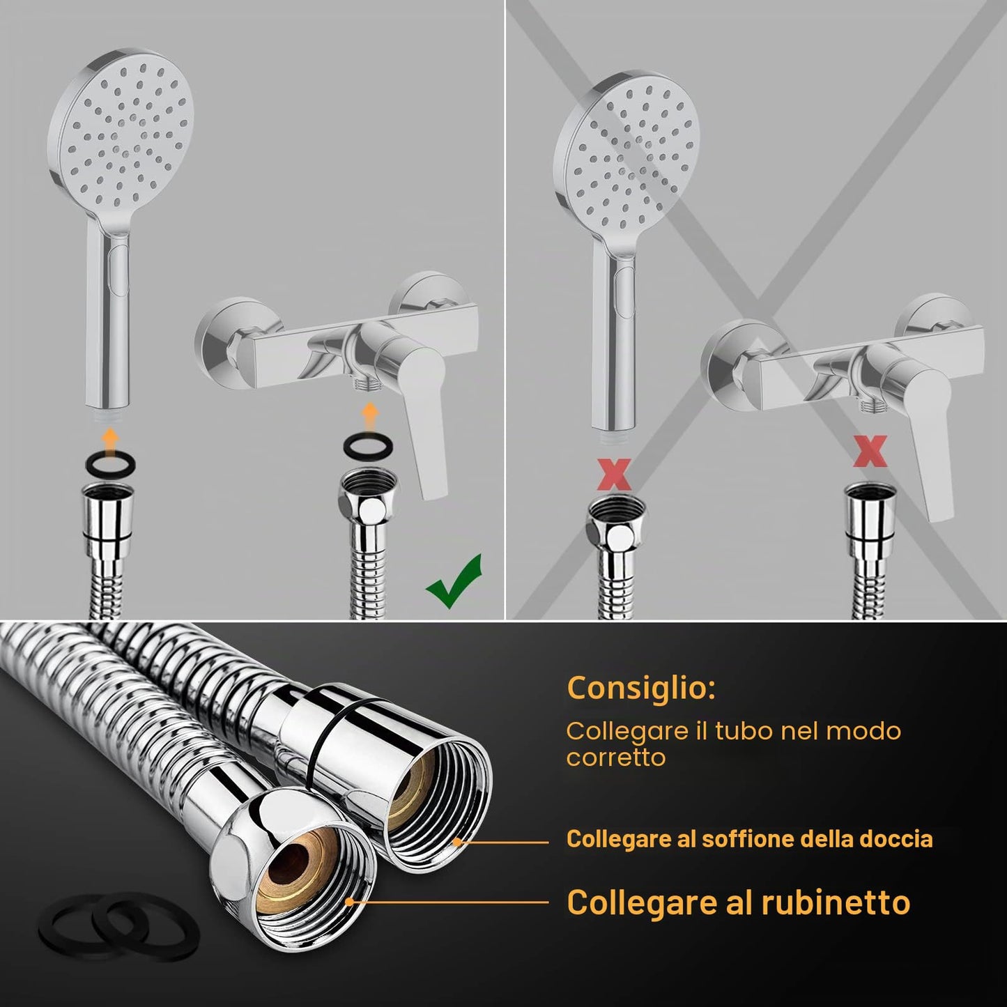 Ibergrif Tubo Doccia 1,7 m - in Acciaio Inox Tubo Flessibile per Doccia, Anti-Torsione e Anti-Piega, Antigoccia, Universale G1/2" Ricambio con Connettori in Ottone e Guarnizioni, Cromata/Argento